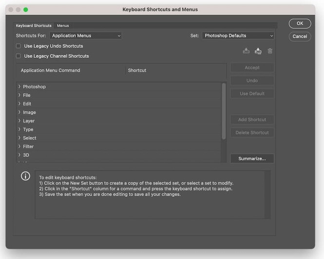 Using keyboard shortcuts and menus in Photoshop